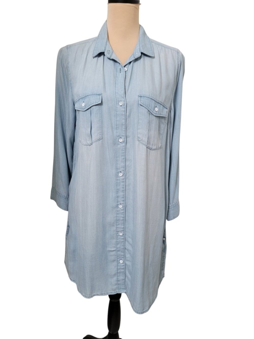 &Denim Size 12 Light Wash Chambray Button Down Shirt Dress, Long Sleeve